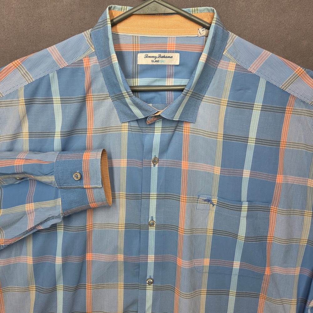 Tommy Bahama Shirt Mens 3XLB IslandZone 37.5 Pima Cotton Plaid Long Sleeve Blue
